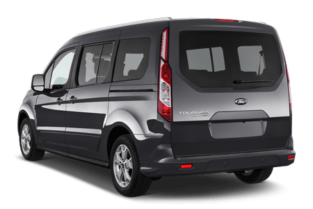 Grauer Ford Tourneo Connect von hinten, geparkt. Er hat große Fenster, eine durchgehende Heckklappe und silberne Felgen.