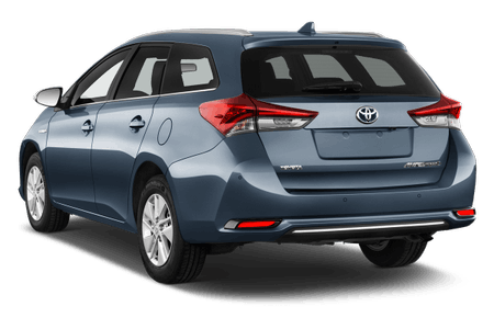 Blauer Toyota-Kombi von hinten, geparkt, mit klaren Rücklichtern und glänzenden Felgen.