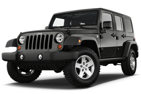 Schwarzer Jeep Wrangler vor weißem Hintergrund, seitliche Ansicht. Das Fahrzeug hat vier Türen und robuste Geländereifen.