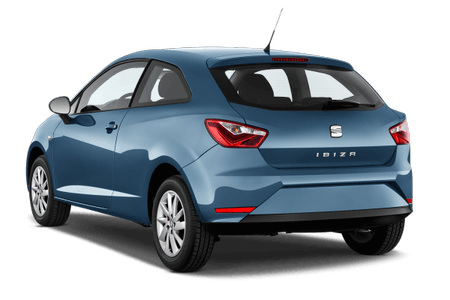 Blauer Kleinwagen von hinten, gezeigt auf grauem Hintergrund. Zwei Türen, moderne Rücklichter und sportliches Design erkennbar.