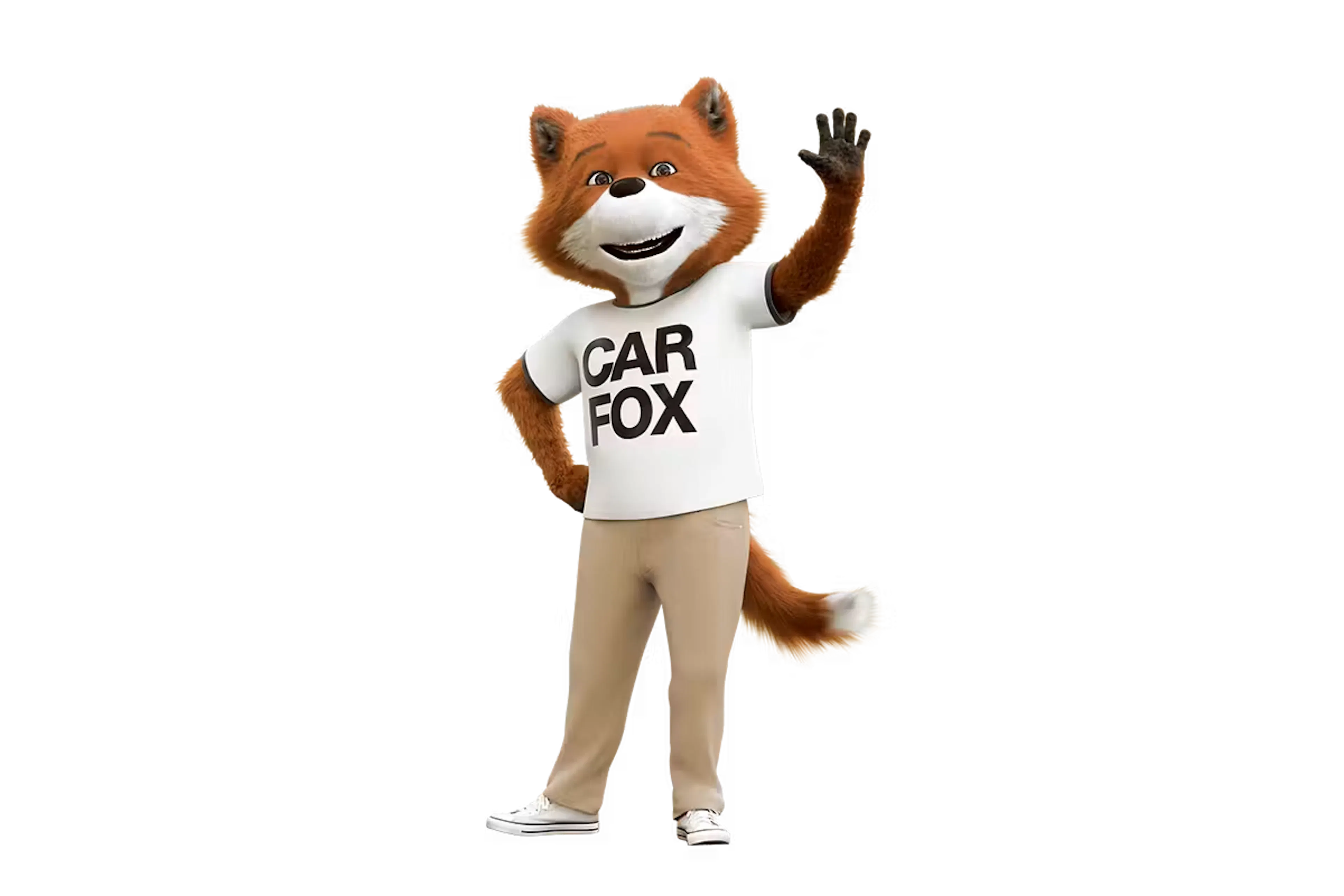 Das Maskottchen von CARFAX, der CARFOX, winkt.