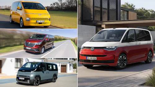 Collage aus vier Kleinbussen: VW Multivan T7 in Rot-Weiß sowie Hyundai Staria in Gelb, Renault Trafic Combi in Dunkelrot und Kia PV5 Passenger in Grau als Alternativen