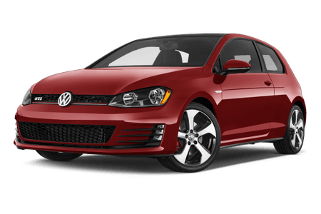 Roter Volkswagen Golf GTI in Dreiviertelansicht, geparkt auf weißem Hintergrund. 