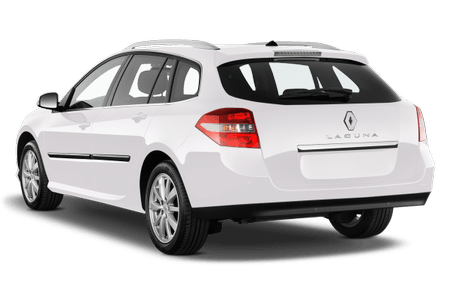 Weißer Kombi Renault Laguna, Heckansicht. Das Auto steht auf einem weißen Hintergrund. Markenlogo und Modellname sichtbar.