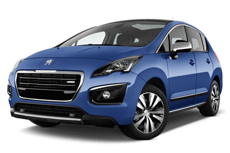 Blauer Peugeot SUV mit markantem Kühlergrill und großen Scheinwerfern, seitliche Ansicht auf einem transparenten Hintergrund.