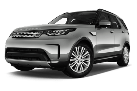 Silberner SUV, Dreiviertelansicht von vorne, auf weißem Hintergrund. Fahrzeug hat LED-Scheinwerfer und Logo "Discovery" auf der Motorhaube.