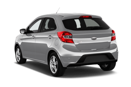 Silberner Kompaktwagen von hinten, parkend, mit roten Rücklichtern und modernem Design. Hintergrund transparent.