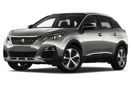 Silberner SUV mit modernem Design, schwarzem Dach und auffälligem Kühlergrill. Frontansicht auf transparentem Hintergrund.