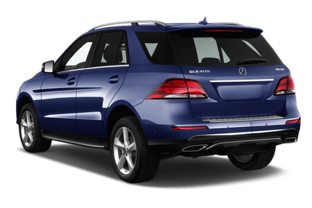 Blauer SUV von hinten, Mercedes-Benz GLE 400, moderner Look, schwarze und silberne Details, helle Rücklichter.