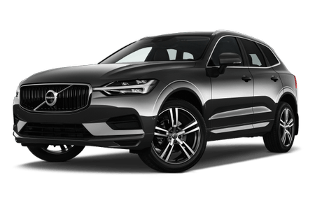 Schwarzer Volvo SUV, Vorder- und Seitenansicht, ausgestellt auf weißem Hintergrund. Moderne, elegante Karosserieform und markante Felgen.