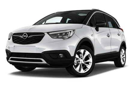 Weißer Opel SUV, Frontansicht, auf transparentem Hintergrund, modernes Design mit schwarzer Dachreling und markanter Frontpartie.