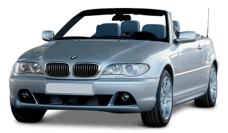 Silberner BMW Cabrio, Vorderansicht, mit offenem Verdeck, auf weißem Hintergrund.