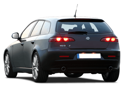 Kompakter grauer Kombi von hinten, mit rot leuchtenden Rücklichtern, auf transparentem Hintergrund.