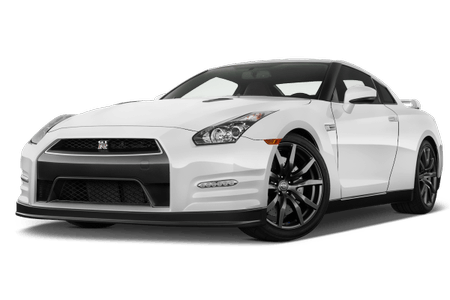 Weißes Sportauto mit markantem Frontdesign, schwarzem Kühlergrill und sportlichen Leichtmetallfelgen, vor weißem Hintergrund.