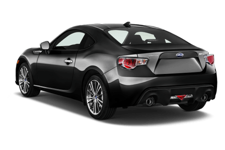 Schwarzes Sportcoupé, Heckansicht. Aerodynamisches Design, markante Heckleuchten, silberne Felgen. Auf weißem Hintergrund.