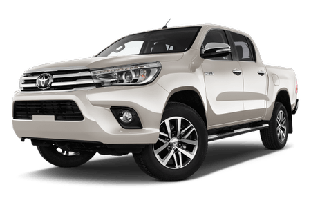 Weiße Toyota Hilux Doppelkabine, Pickup-Truck, seitliche Ansicht. Elegantes Design mit markanten Scheinwerfern und robusten Reifen.
