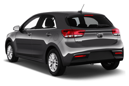 Silberner Kompaktwagen, Rückansicht, parkend. Rote Rücklichter, schwarze Stoßstange, fünf Türen, glatte Seitenflächen.