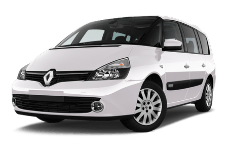 Weißer Renault Minivan, Vorder- und Seitenansicht, auf transparentem Hintergrund. Moderne Scheinwerfer, markantes Logo und schwarze Fenster.