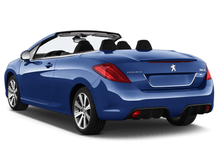 Blauer Peugeot 308 CC Cabriolet von hinten, mit geöffnetem Dach, sportlichem Design und erkennbaren Rücklichtern.