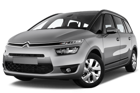 Silberner Citroën Van, Frontansicht, mit markantem Kühlergrill und klaren Scheinwerfern. Heller Hintergrund.