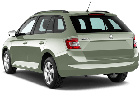 Grüner Kombi mit fünf Türen, Rückansicht. Dachreling und Scheibenwischer sichtbar. Fahrzeug steht auf Asphalt.