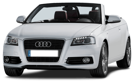 Weißes Audi Cabriolet, Vorderansicht, mit geöffnetem Verdeck. Elegantes Design, moderne LED-Scheinwerfer und sportliche Alufelgen.