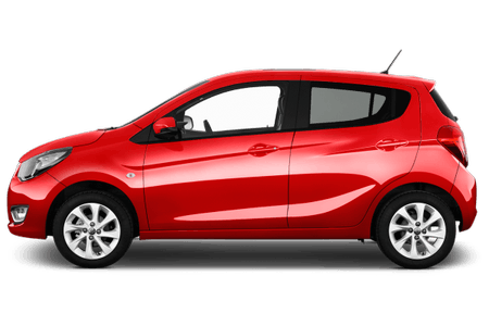 Rotes Auto, Seitenansicht, auf weißem Hintergrund, mit geschlossenen Fenstern und sichtbarer Antenne am Dach.