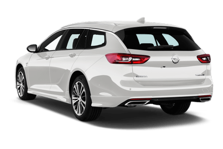 Weißer Kombi von hinten, elegantes Design, moderne Rückleuchten und Dachspoiler, auf weißem Hintergrund.