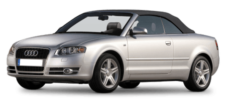 Silbernes Audi Cabriolet mit schwarzem Verdeck, von vorne fotografiert, steht auf grauem Hintergrund.