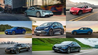 Fotomontage mit sieben verschiedenen PKWs der Kategorie E-Sportwagen verschiedener Automarken