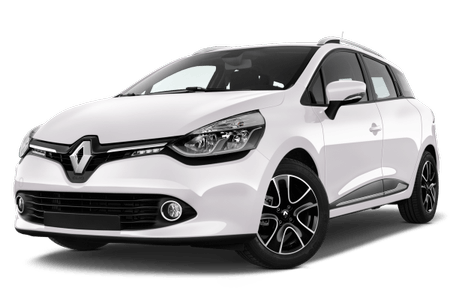 Weißer Renault Clio Grandtour Kombi, seitliche Vorderansicht, modernes Design mit schwarzen Akzenten und Dachreling.