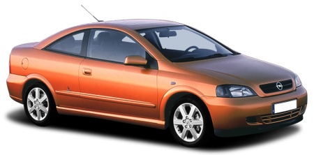 Orangenes Auto mit zweitürigem Coupé-Design, schwarzen Außenspiegeln und silbernen Felgen, fotografiert auf weißem Hintergrund.