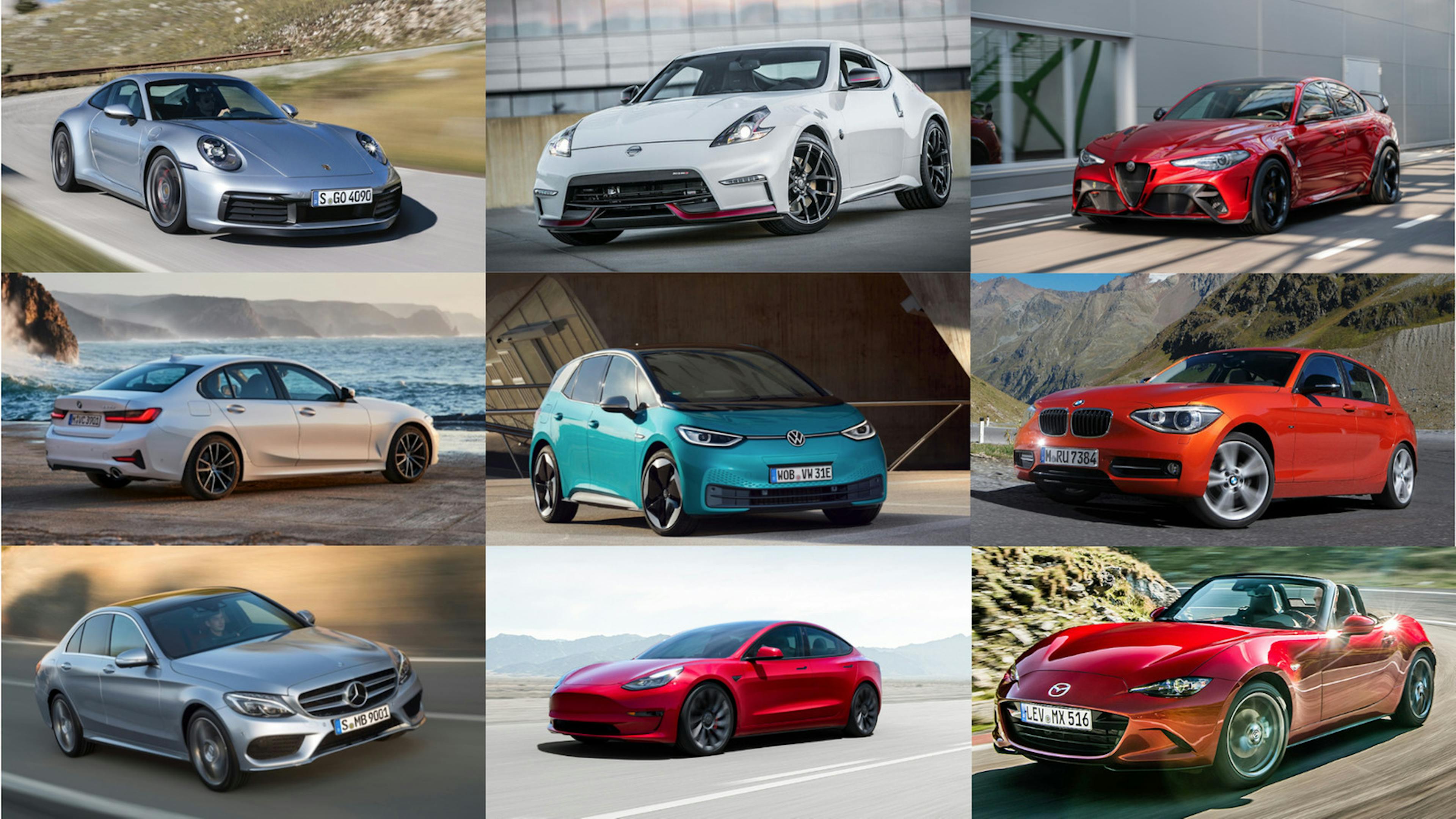 Fotomontage mit neun Autos mit Heckantrieb verschiedener Hersteller