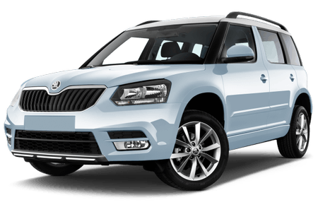 Hellblauer SUV mit schwarzen Felgen, markantem Grill und Dachgepäckträger. Seiten- und Frontansicht, auf weißem Hintergrund.