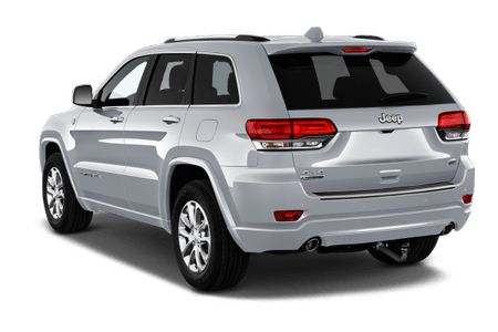 Silberner SUV von hinten, Marke Jeep, geparkt. Klare Rücklichter und robustes Design sichtbar.