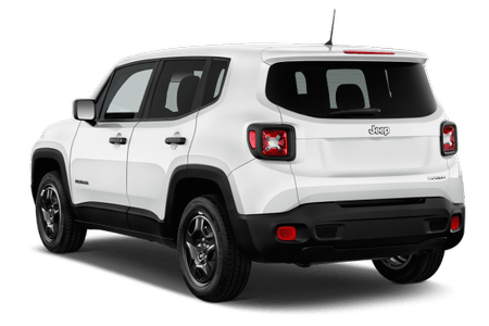 Weißer SUV, Heckansicht, mit schwarzen Details und roten Rücklichtern. Der Schriftzug "Jeep" ist auf der Heckklappe zu sehen.