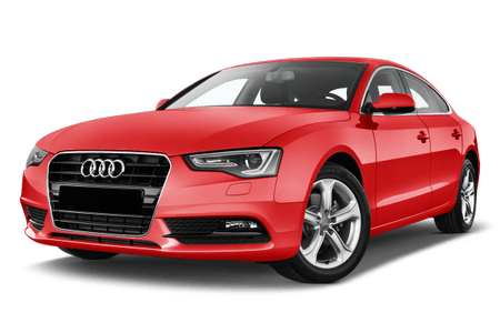 Roter Audi A5, viertürig, aus seitlicher Perspektive fotografiert. Das Auto steht vor weißem Hintergrund.