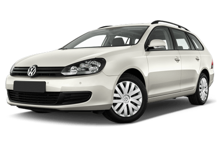 Weißer Kombi der Marke Volkswagen von leicht schräg vorne fotografiert, auf einem weißen Hintergrund.