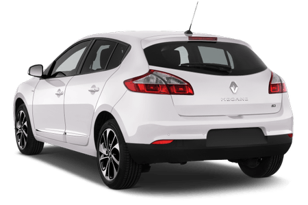 Weißer Renault Mégane von hinten, parkend, mit sichtbaren Rückleuchten und eleganten schwarzen Felgen. Kompakter, moderner Look.