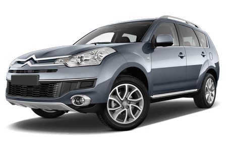 Silbergrauer SUV der Marke Citroën von vorn, stehend vor weißem Hintergrund. Moderne Scheinwerfer und markantes Logo.