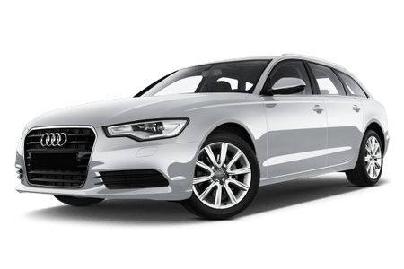 Silberner Audi A6 Kombi, Front- und Seitenansicht, auf weißem Hintergrund.