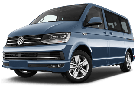 Blauer Volkswagen Transporter Multivan, seitliche Vorderansicht, auf weißem Hintergrund.