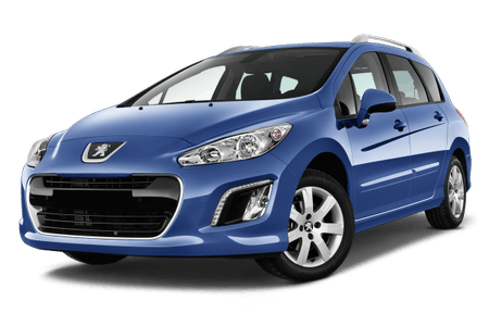 Blauer Peugeot-Kombi, Frontansicht, auf weißem Hintergrund.