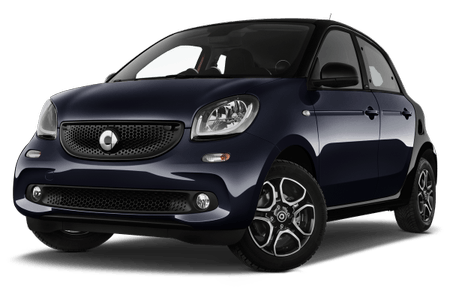 Dunkelblauer Kleinwagen, Smart-Modell, von schräg vorne fotografiert. Kompakte Bauform, moderne Scheinwerfer und markantes Logo.