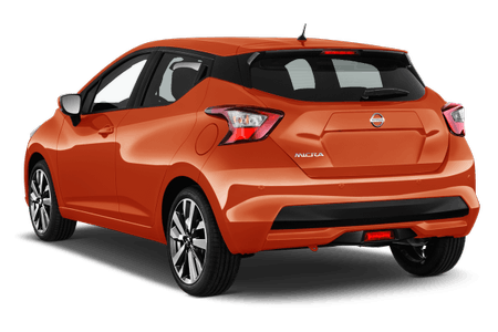 Orangefarbener Kleinwagen von hinten, mit modernen Rückleuchten und sportlichem Design, auf weißem Hintergrund.