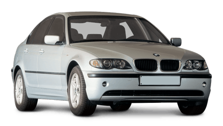 Silberner BMW 3er Kompaktwagen, Vorderansicht, auf weißem Hintergrund.