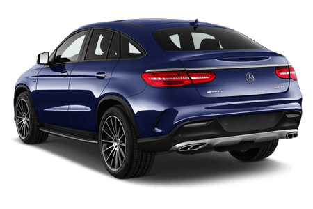 Blauer Mercedes-Benz Coupé, Rückansicht. Modernes Design mit sportlicher Linienführung und markanten Rückleuchten.