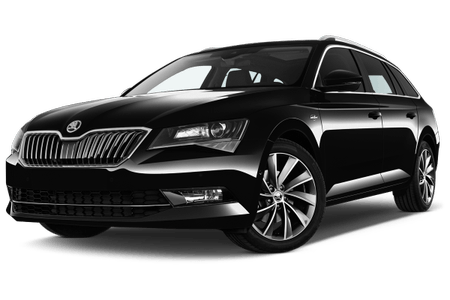 Schwarzer, moderner Kombi mit silbernen Akzenten und eleganten Details, seitlich von vorne sichtbar.