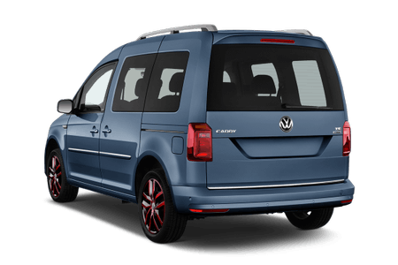 Blauer Volkswagen Caddy von hinten, stehend, mit roten Felgen und getönten Scheiben, vor weißem Hintergrund.