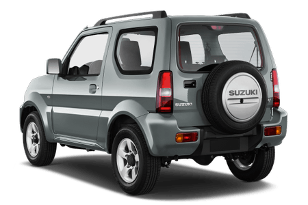 Silberfarbener Suzuki Jimny von hinten, mit Reserverad an der Heckklappe und dunkel getönten Fenstern.